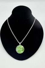 Green Sea Glass Resin Pendant Necklace Silver Tone Round Statement