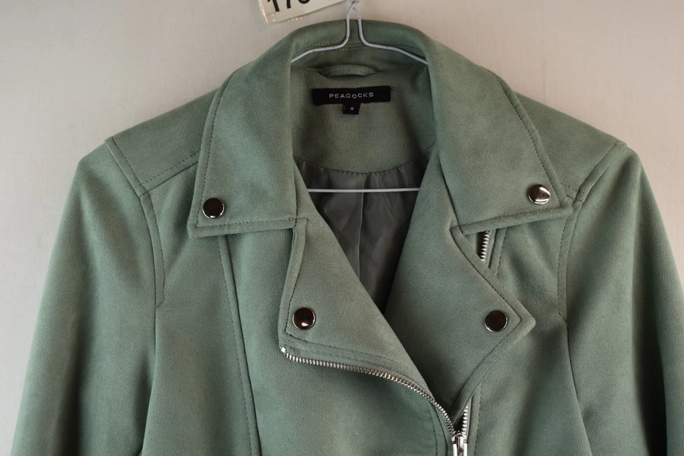 PEacocks Womans Green Zip Biker Faux Suede Jacket SIze 8 Cropped - Image 2 of 4