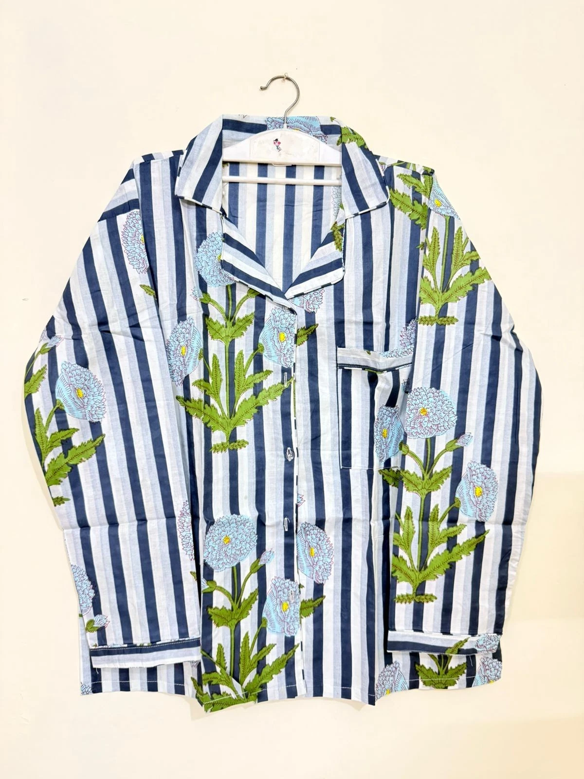 Hand Block Floral Print Blue White Cotton 3PC Pyjama Set with Carry Pouch