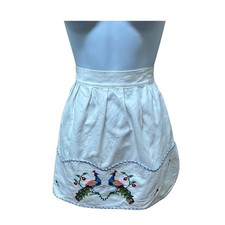 Vintage White Half Apron Cross Stitch Peacock Scalloped Gingham Trim Retro Tie