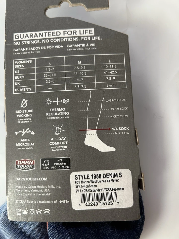 Darn Tough 1958 Dusk Denim Women's Hiker 1/4 Midweight Hiking Sock Casual S/P - Image 3 of 3