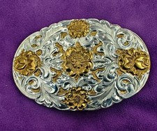 Crumrine Heavy Silver Plate on Jewelers Bronze Floral USA Made Oval Belt Buckle