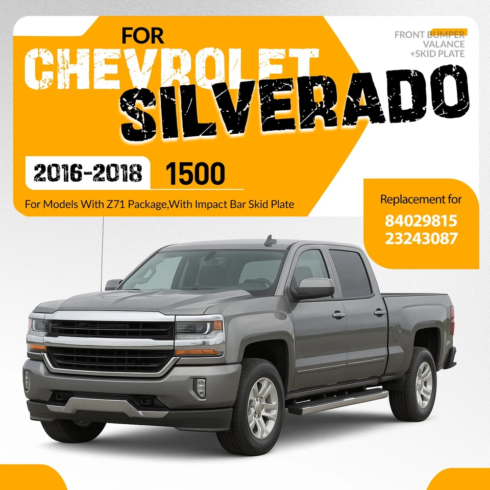 For Chevy Silverado 1500 2016-2019 Black Front Bumper Valance &Chrome Skid Plate - Image 3 of 4