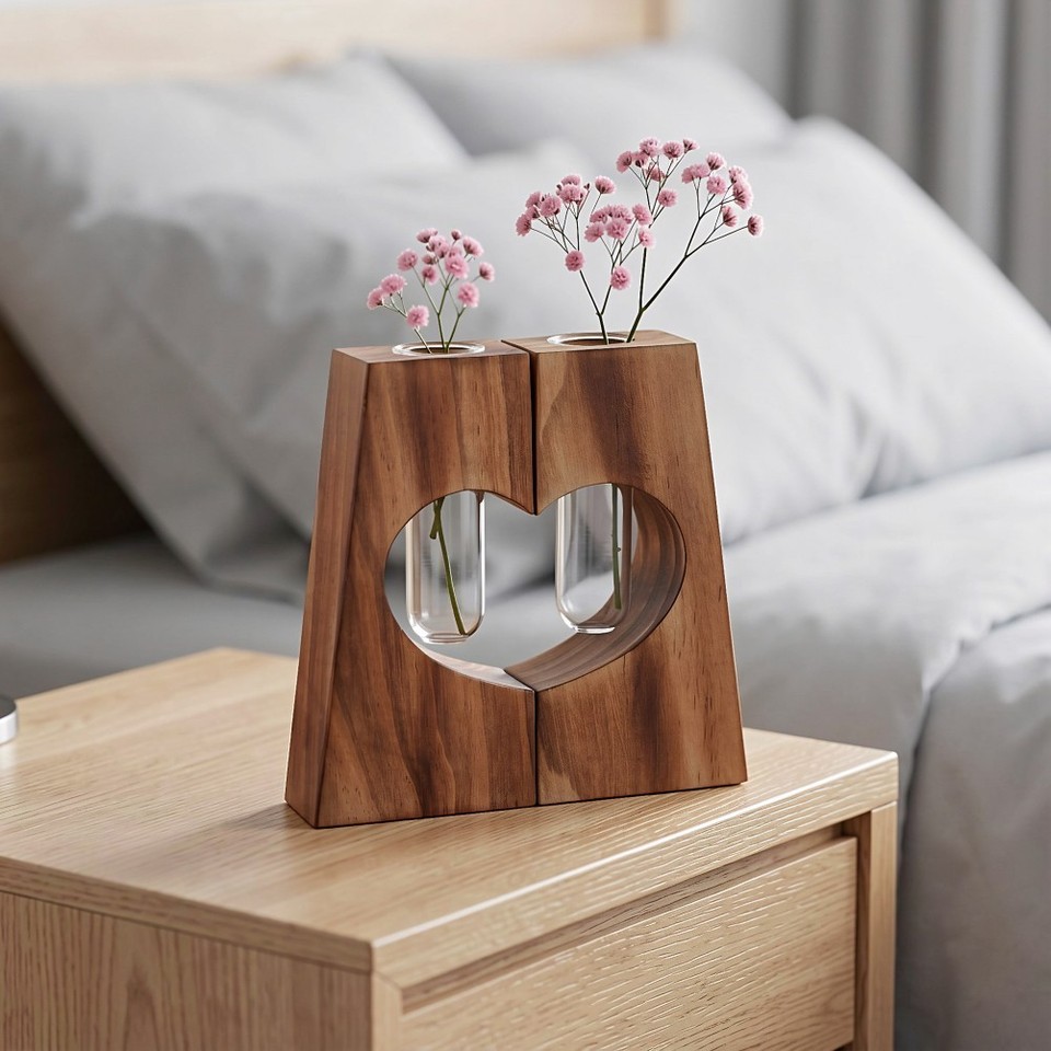 Rustic Brown Heart Vase Wooden Frame with Glass Tube for Tabletop ...