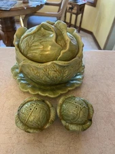 Vintage 1973 Holland Mold Green Cabbage Shaped Bowl Lid Salt & Pepper Shakers