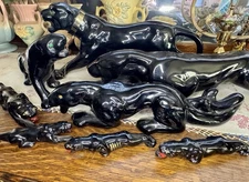 Vtg Black Panther Ceramic Green Rhinestone Eyes Stalking Crouching MCM Gold Trim