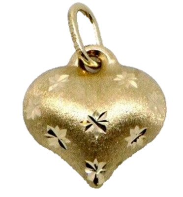 14K Gelbgold Satin Puffed Herz Charm mit Diamantschliff Sterne Anhänger 3D