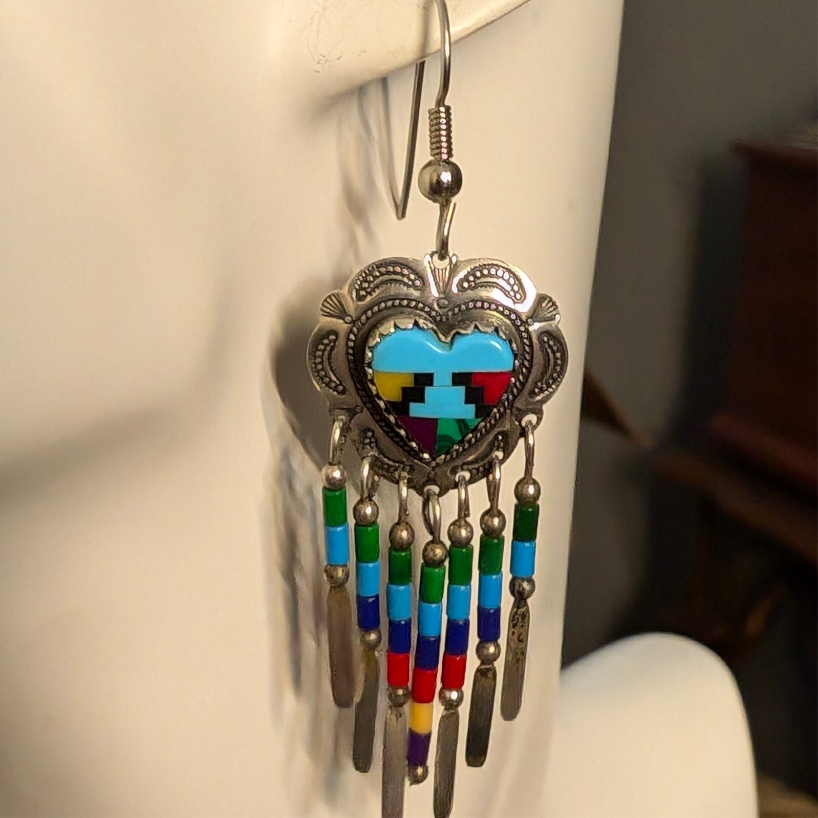 Sterling Silver Multi-Stone Inlay Dangle Drop Ear… - image 5