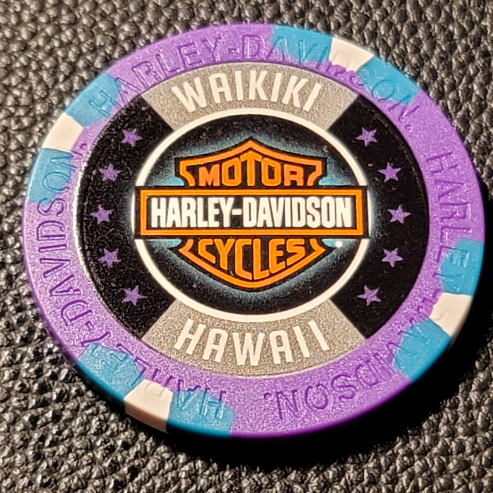 WAIKIKI HD ~ HAWAII (Purple/Teal Wide Print) Harley Davidson Poker Chip