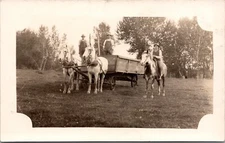 HORSE-DRAWN FARM WAGON original real photo postcard RPPC 3 FARMERS Unposted