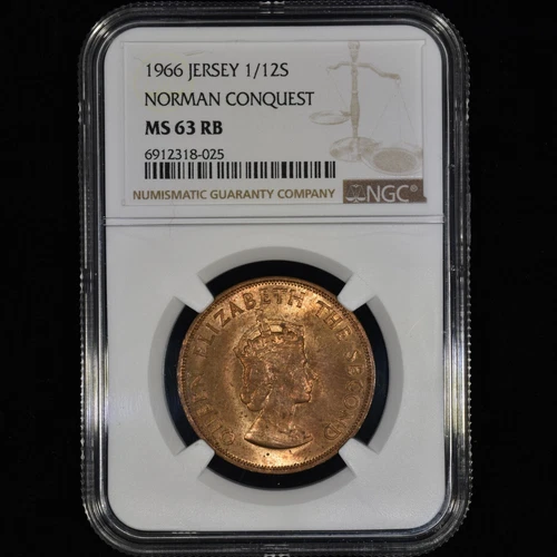 1966 JERSEY 1/12 SHILLING ✪ NGC MS-63-RB ✪ 1/12S COIN NORMAN CONQUEST ◢TRUSTED◣