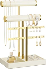 3 Tier Bracelet Holder Display - Beige Leather, Detachable T Bar Jewelry Holder