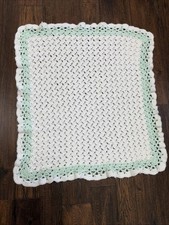 Handmade Crocheted Baby Blanket White Mint Green Border 29x24 Bassinet Size