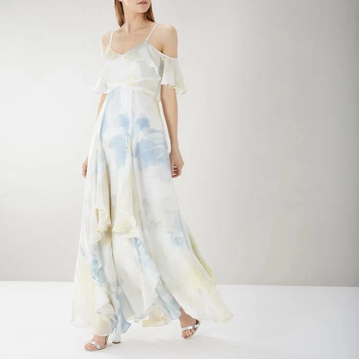 sachin and babi light blue dress Black Coast Cold Shoulder Chiffon Drape Sleeve Maxi DressWith Embellished  Waistband