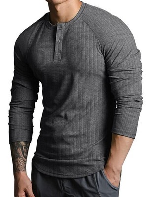 Long Sleeve Shirts, Henley Long Sleeve Jumper, Slim Fit Sports Muscle Shirts Dark Grey/L