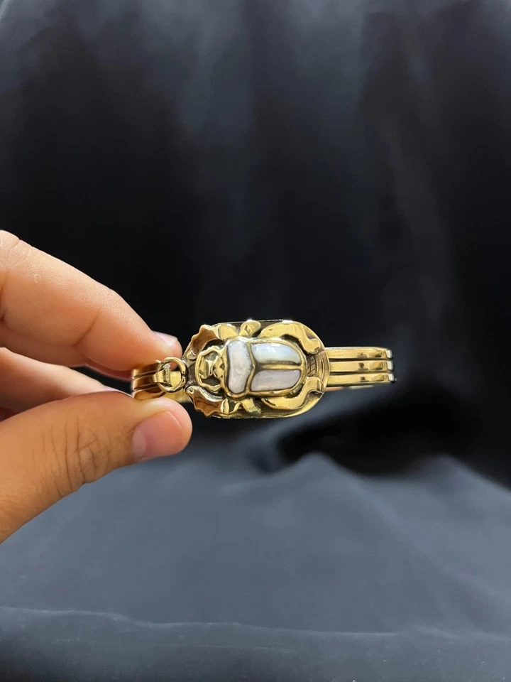 White Scarab Bracelet – Gold Egyptian Bangle with Pearl-Tone Beetle - Image 2 of 4