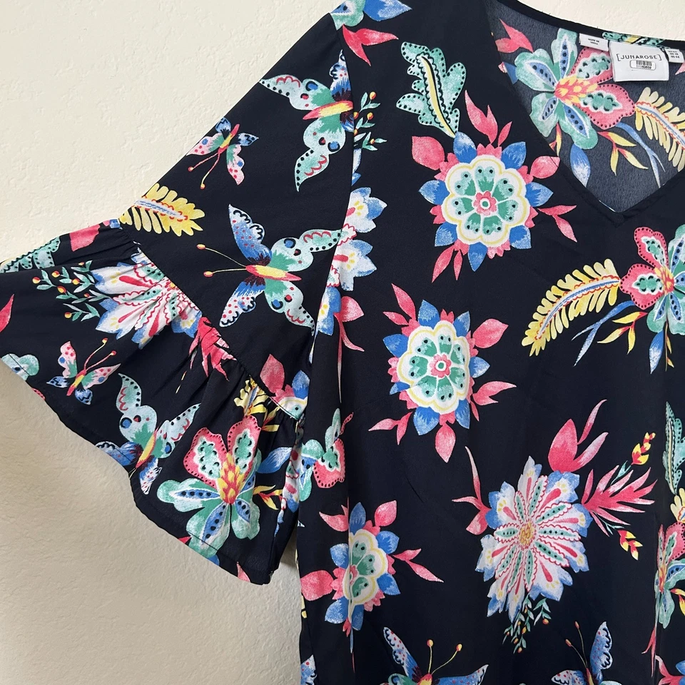 Junarose Top Womens 14 Black Allover Floral Print Short Ruffle Sleeve Blouse - Image 3 of 4