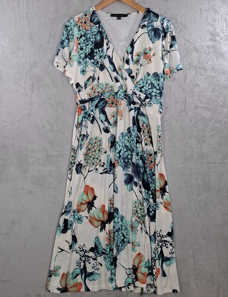 Bird By Design Sz 12 Maxi Wrap Dress Floral Print V Neck Short Sleeves Stretch