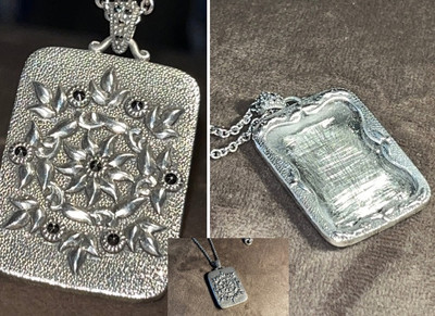 Nordstrom 925 Silber Halskette Markasit offen Medaillon/Bilderrahmen Andenken Rückseite