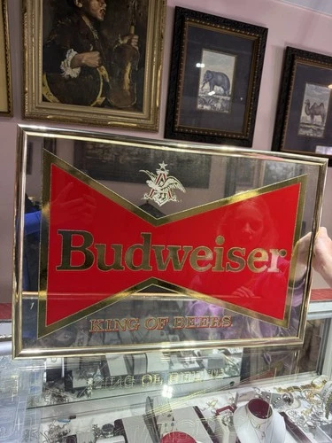 Vintage Budweiser  King Of Beers Mirror Bar  Bow Sign Man Cave Collectible
