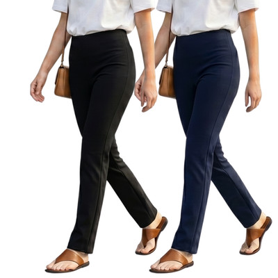 Women Straight Leg Trousers  Ribbed Trousers Stretch Pull-On Work Office Pants