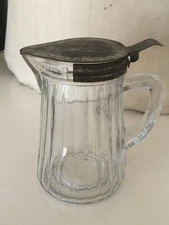 Vintage FARMHOUSE Clear Glass Syrup Pitcher Removable Metal Spring Top Ribbed 4”