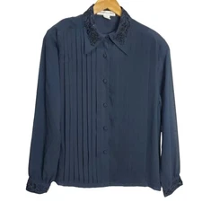 Preston & York Blouse Womens 14 Dark Blue Embellished Beaded Button Down Floral