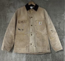 Vintage 1980s Carhartt Blanket Lined Duck Chore Coat Tan UGWA Corduroy Collar