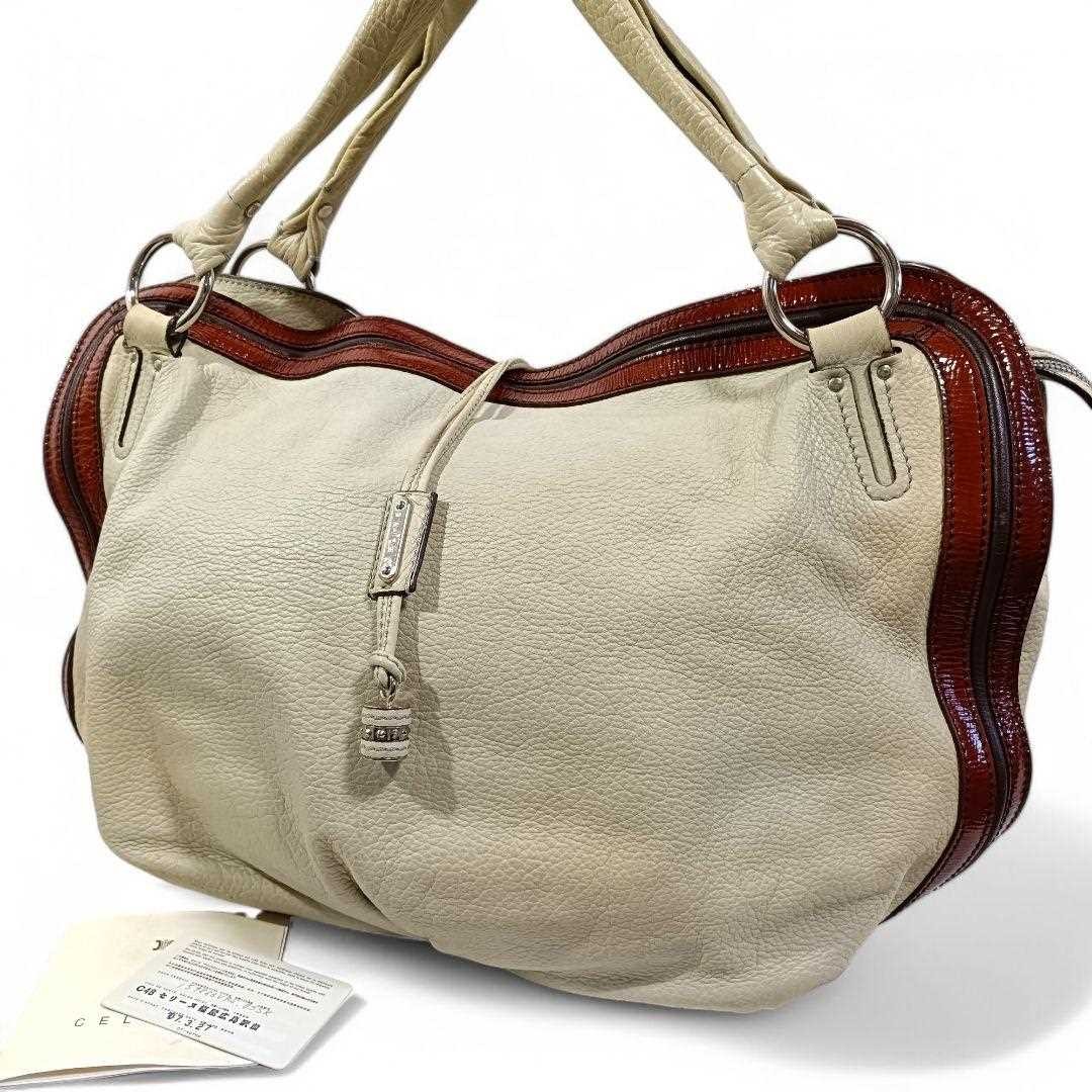 CELINE Medium White Leather Logo Shoulder Bag Women's Pre-Owned From Japan