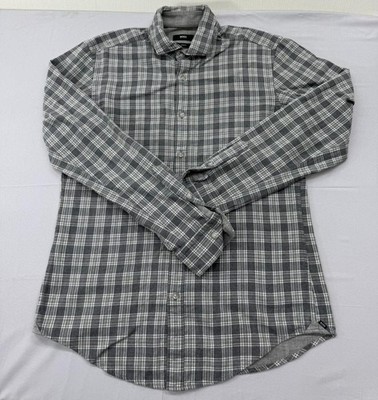BOSS Mens Grey Plaid Flannel Slim Fit Button Down Shirt M Germany