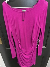 Express Bright Magenta Ruched Front Long Sleeve Dress - Size L