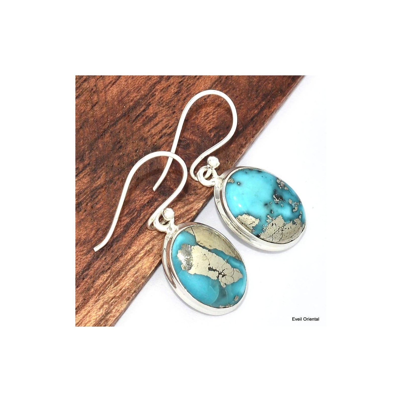 Boucles d'oreilles turquoise et pyrite KC94 bijou en pierre bleue naturelle pour femme