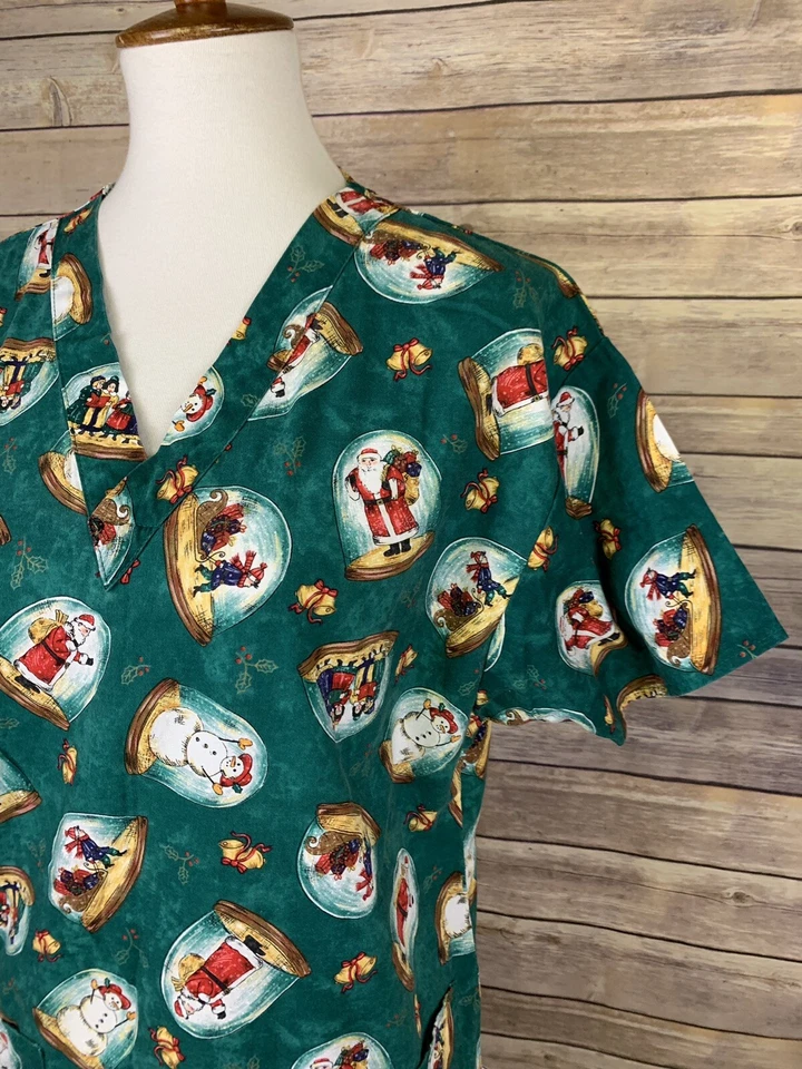 Crest Cotton Womens Small Scrub Top Christmas Snowglobe Print Holiday Unisex - Image 4 of 4