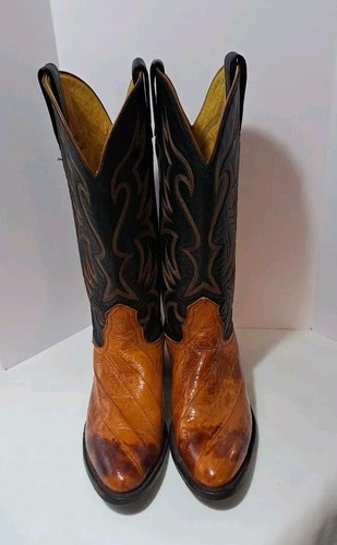 Nocona Leather & Eel Skin Western Cowboy Boots Womens Size 7A Black & Cognac