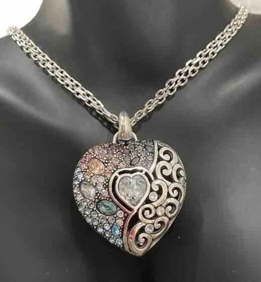 Brighton Ecstatic Heart Pink & Blue Crystal Heart Silver Pendant Necklace NWT
