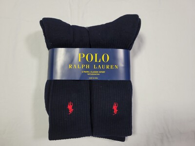 Polo Mens Ralph Lauren 6 Pair Crew Socks Sports  Cushioned  Sz 6-12.5 Navy Blue
