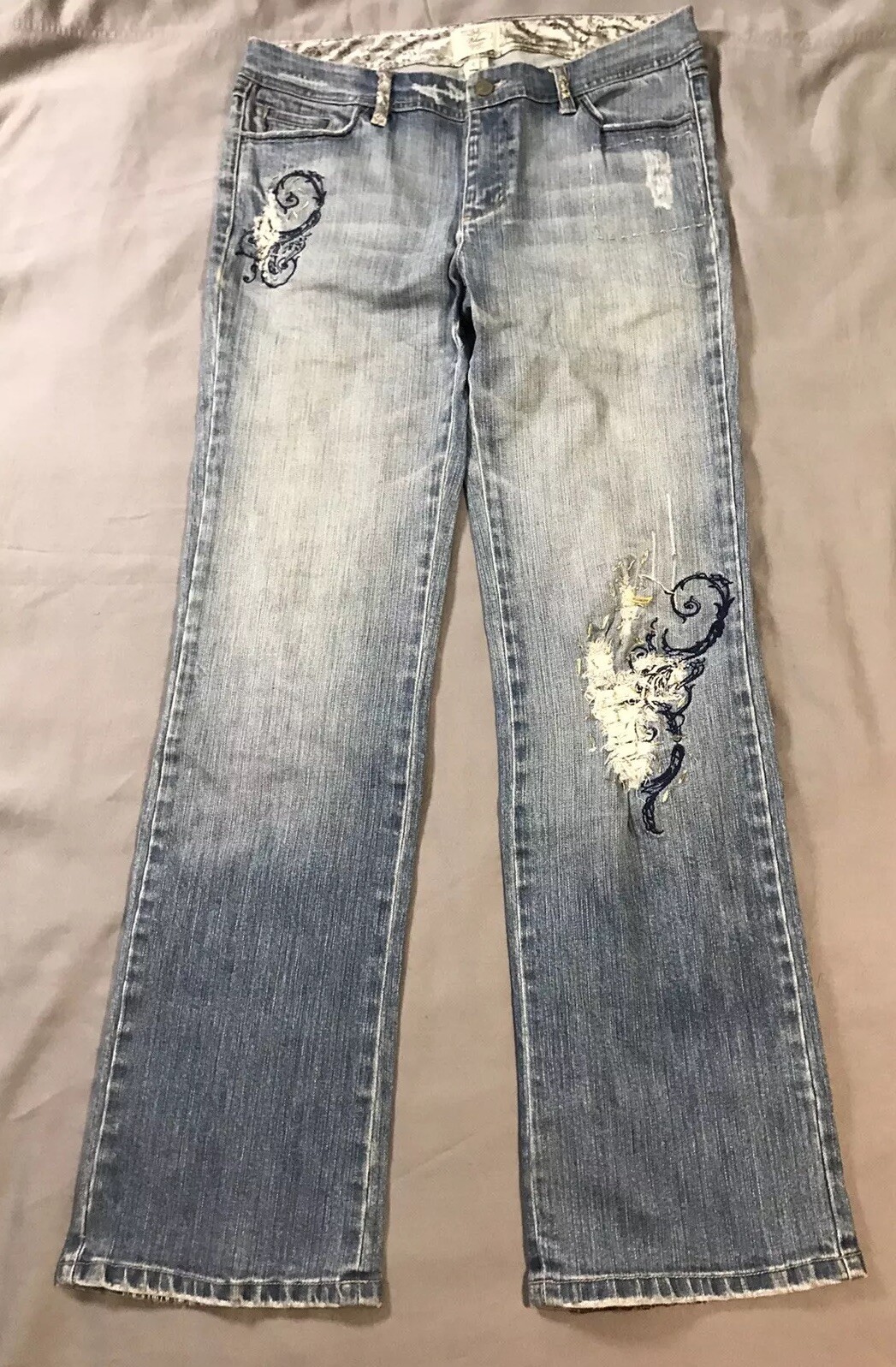 White House Black Market Jeans Womens 10 Blue Distressed Embroidered