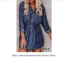 Blue V Neck Button Shirt Denim Dress