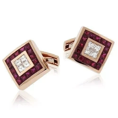2Ct Princess Lab-Created Ruby Men's Charming Cufflinks 14k Yellow Gold Plated - Picture 2 of 4