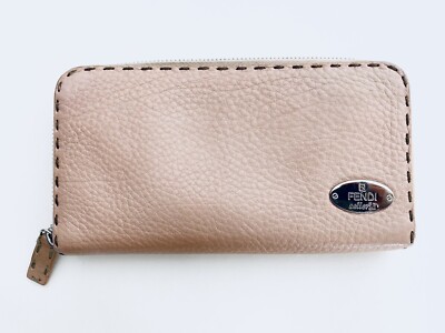 Fendi Selleria Light Pink Calfskin Leather Zip Around Long Wallet Italy
