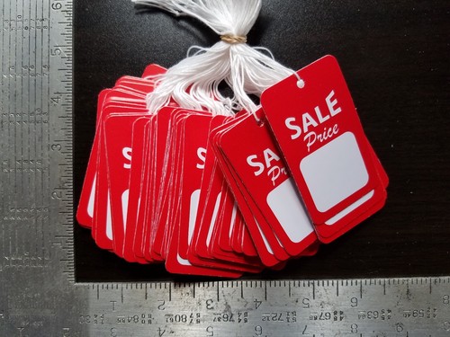 100 Strung Red White Sale Price Tags Merchandise Garment Hang Coupon Large - Picture 1 of 11