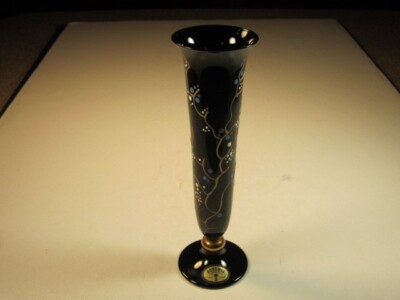 VTG Bohemian Czech Glass Black Amethyst Hand Decorated Bud Vase