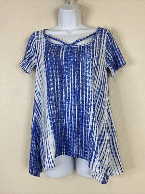 Fred David Womens Size S Blue Knit Strappy Blouse Crochet Back Short Sleeve