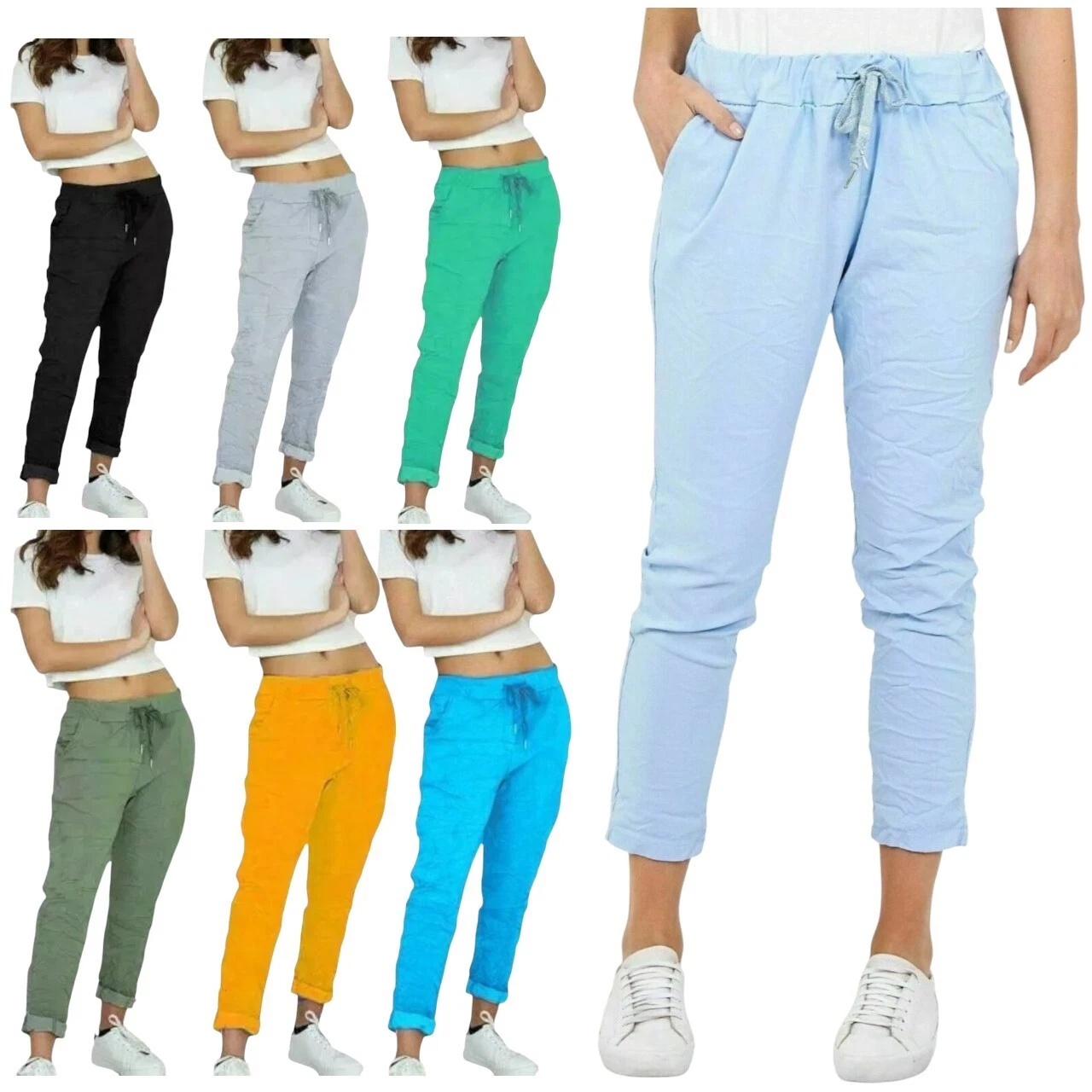 Womens Plain Stretch Magic Trousers Ladies Italian Comfy Joggers Pants