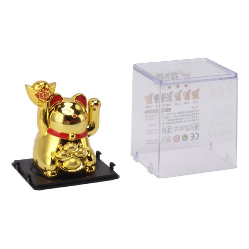 Solar Powered Waving Arm Lucky Cat Decor Welcoming Fortune Cat Statue Gold - Picture 3 of 22