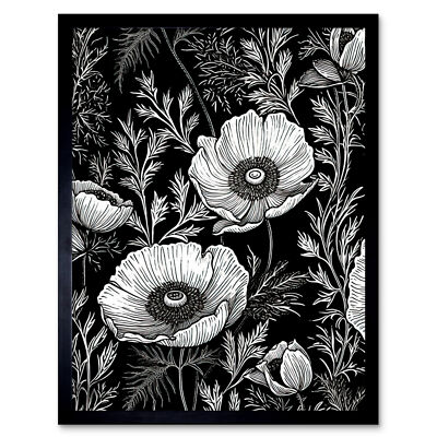 Poppy Wild Flower Pattern Black and White Linocut Framed Art Picture Print 9X7''