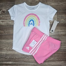Adidas Graphic Tee  Gym Short 2 Piece Set White/Pink Girls Size 4 NWT