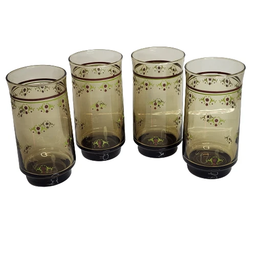 VTG Set of 4 Amber Brown Glass 1980s Floral Glasses Green Maroon Flowers 6"