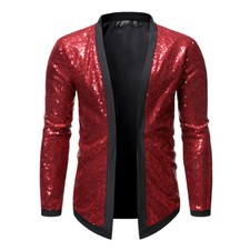 Men Sequin Jacket Coat Cardigan Glitter Fancy Blazer Outfit Tops Stage Party Red