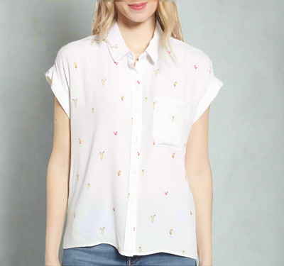 Rails Whitney Cocktail Print Linen Shirt Womens White Short Sleeve Button Up